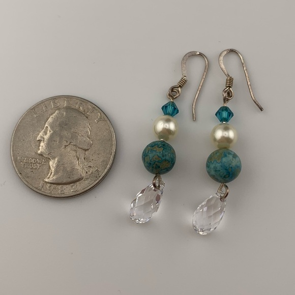 STERLING NECKLACE & EARRINGS SET FAUX PEARLS w BLUE STONE & GLASS BEADS 16-18" - Picture 6 of 9